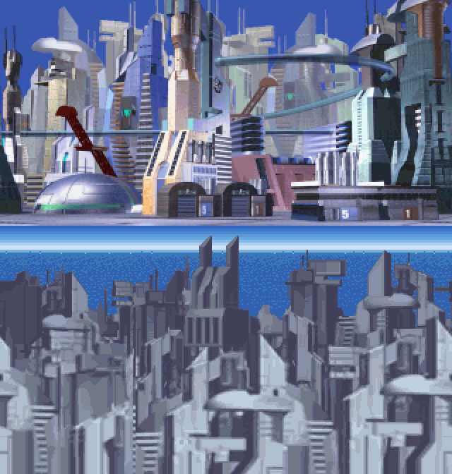 After eons I finally ripped the second city background of Mega Man X5's Intro Stage and realized its just the buildings of the first part without colors, in a slightly different perspective.