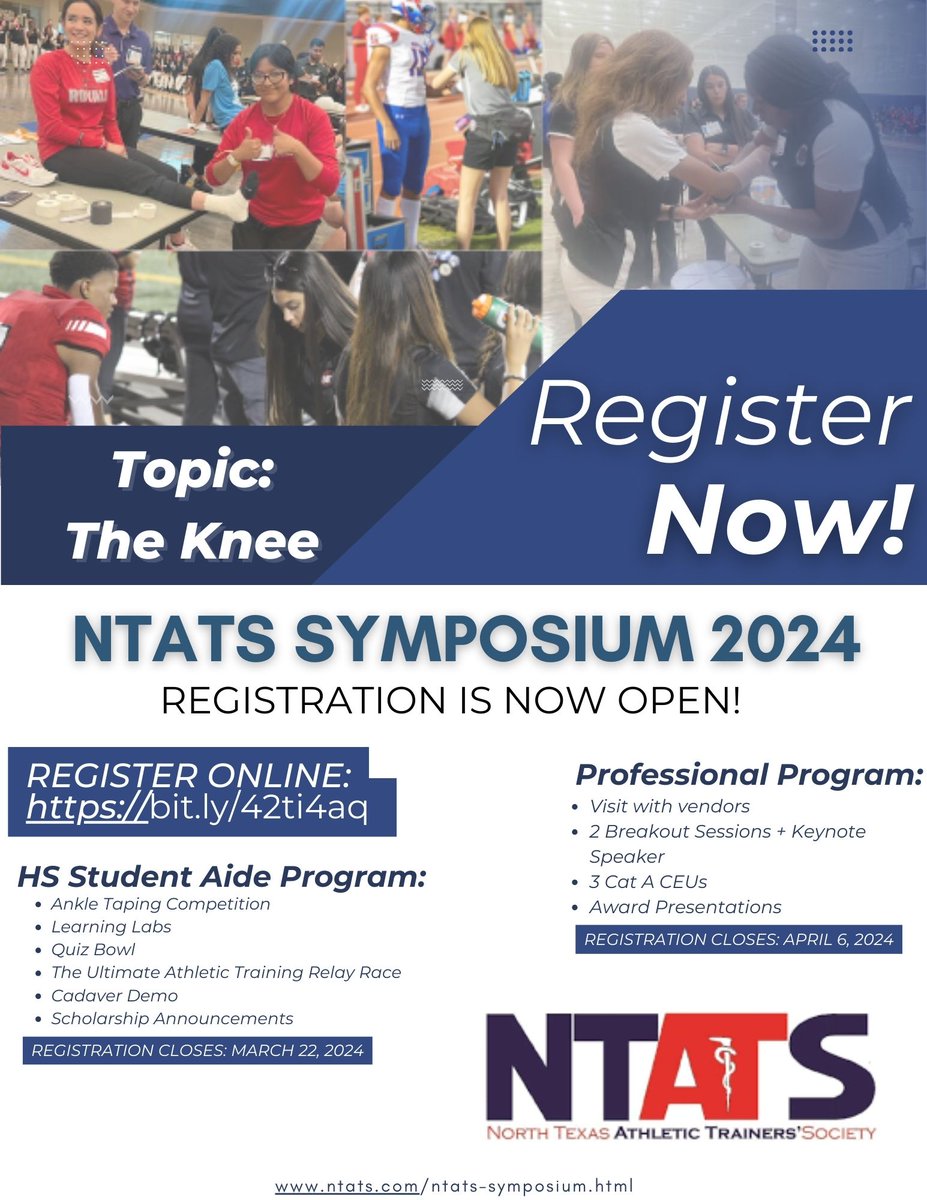 NTATS's tweet photo. 🎉 REGISTRATION IS OPEN! Calling all high school student aide programs, and all AT professionals are invited to join us for our Annual Symposium!! Students will be able to experience a cadaver demo with Dr. Umar Burney while professionals enjoy breakouts sessions! Register now!! https://t.co/FAnDpjdKA7
