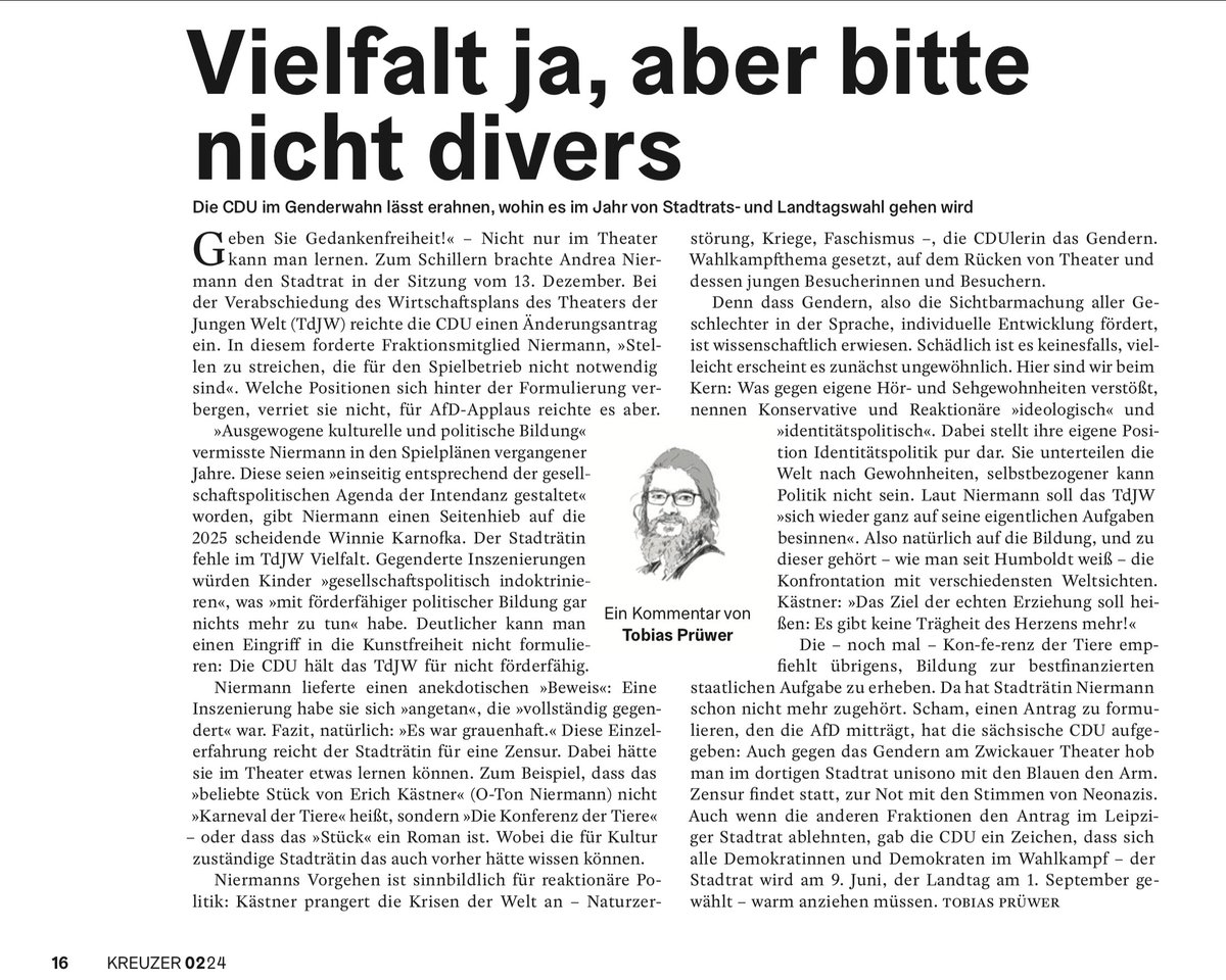 kopptisch's tweet image. #CDU #Leipzig wollte Kinder- und Jugendtheater die Mittel kürzen wg. Gendern. #AfD applaudierte. Eingriff in die Kunstfreiheit als Wahlkampfmanöver. Mein Kommentar im aktuellen @kreuzer_leipzig #Theater