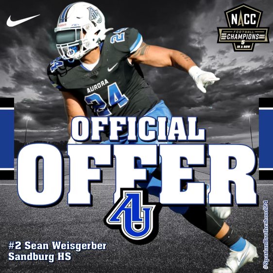 Very blessed to receive my 4th official offer from <a href="/AU_SpartanFB/">Aurora University Football</a> 
Had a great visit not too long ago and some amazing talks with coaches. Thank you <a href="/DonBeebeNFL/">Don Beebe</a> !
<a href="/EaglesAthletics/">Sandburg Athletics</a> <a href="/SandburgEagles/">Sandburg Eagles Football</a>