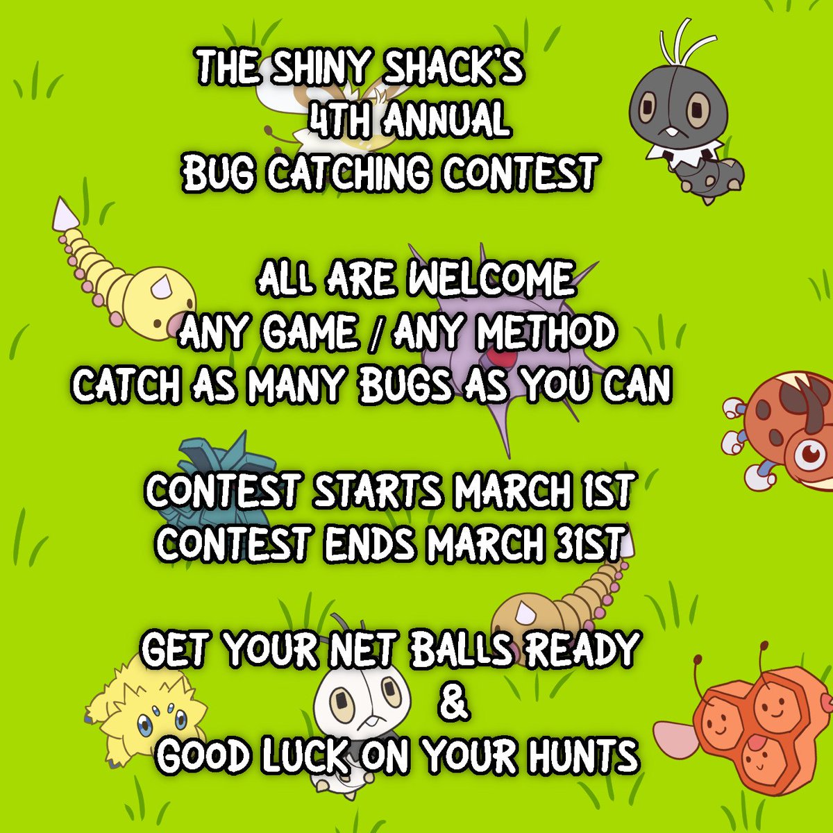 The_Shiny_Shack's tweet image. Any game, any method, as many shiny bug Pokémon as you can! Feel free to use the Logo but please credit @SuperShinyPanda and myself #BCC2024 #BugCatchingContest2024