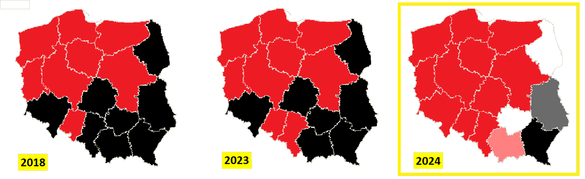 MarcinPalade's tweet photo. Większość w sejmikach (kolor czerwony antyPiS, kolor czarny PiS/BS) po wyborach 2018, na koniec 2023 oraz wg prognozy na koniec stycznia 2024. 
Na ponad dwa miesiące przed wyborami @pisorgpl (1) z pewną większością na Podkarpaciu - kolor czarny (2) z nieznaczną większością w sejmiku lubelskim - kolor szary (3) pat - z szasną na większość na Podlasiu i w sejmiku świętokrzyskim - kolor biały (4) z szansą na większość w Małopolsce - kolor różowy.