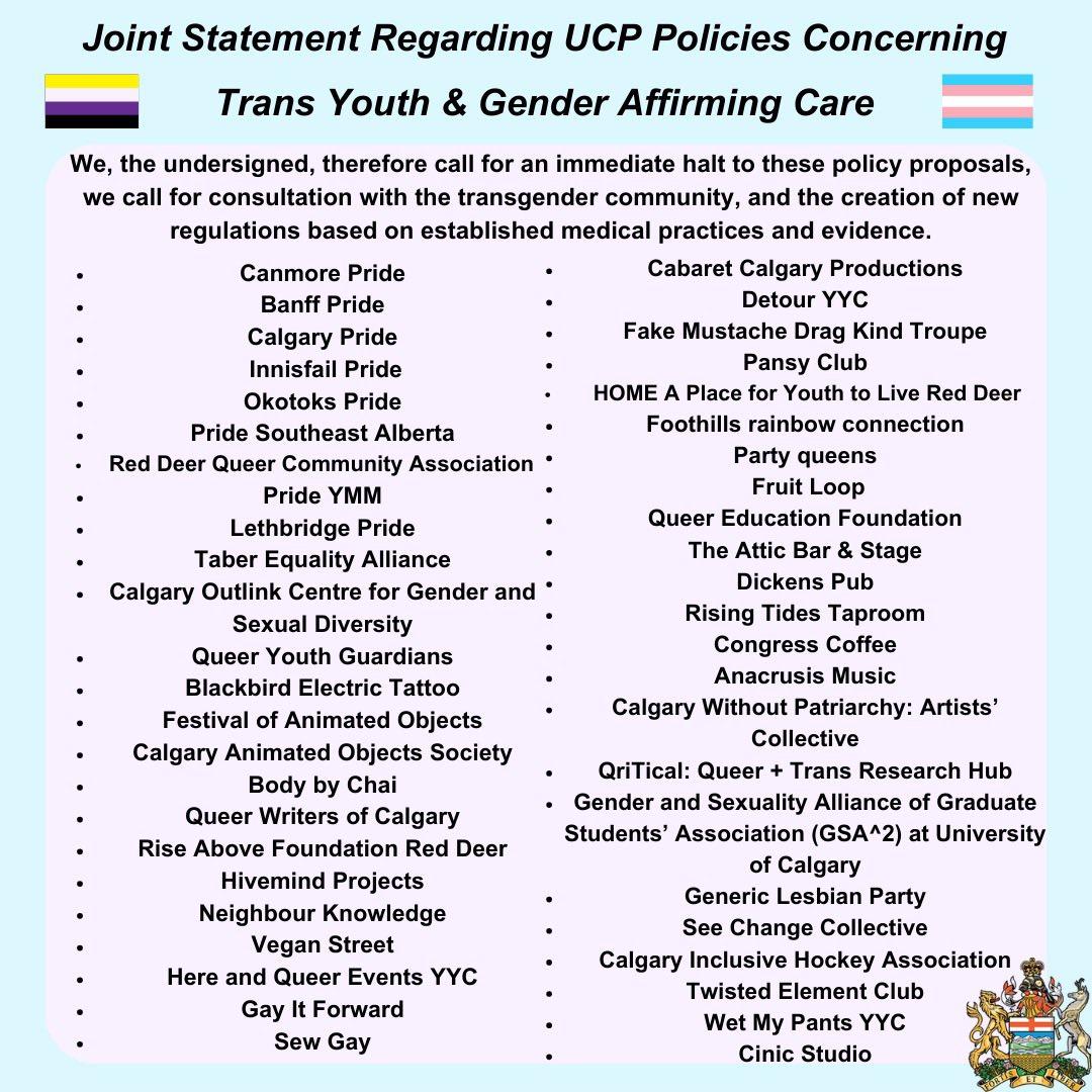 Joint Statement Regarding <a href="/Alberta_UCP/">United Conservative Party of Alberta</a> Policies Voncerning Trans Youth &amp; Hender Affirming Care.

As citizens of Alberta, we condemn the recent proposals by Premier Danielle Smith seeking to limit transgender healthcare and participation in society. 

1/🧵