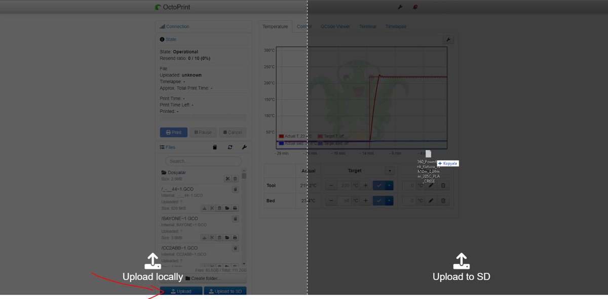 OctoPrint ile drag(sürükle bırak) yaparak dosyaları servere bağlı 3d yazıcıların sd kartına ya da servere atabileceğinizi biliyor muydunuz?
Ben az önce fark ettim 😅
Normalde aşağıdaki kırmızı okla gösterdiğim butonları kullanıyordum.