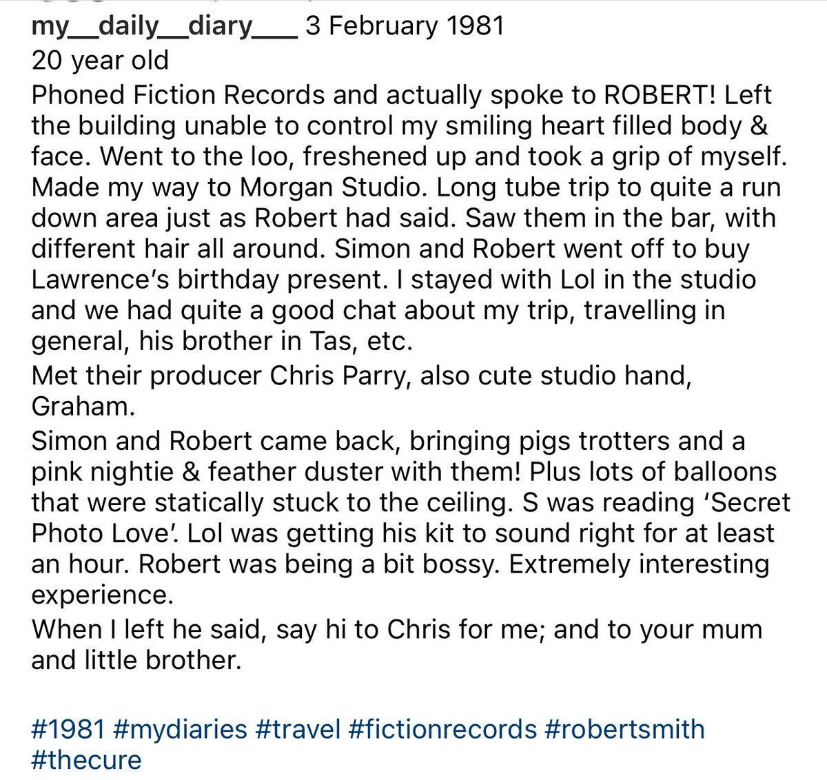 Absolutely adorable and lovely fan story shared by Hariklia Heristanidis Via IG on her fantastic my daily diary page. Sounds like happy times on a happy birthday for @LolTolhurst #thecure #faith #youth #othervoices #otherworlds