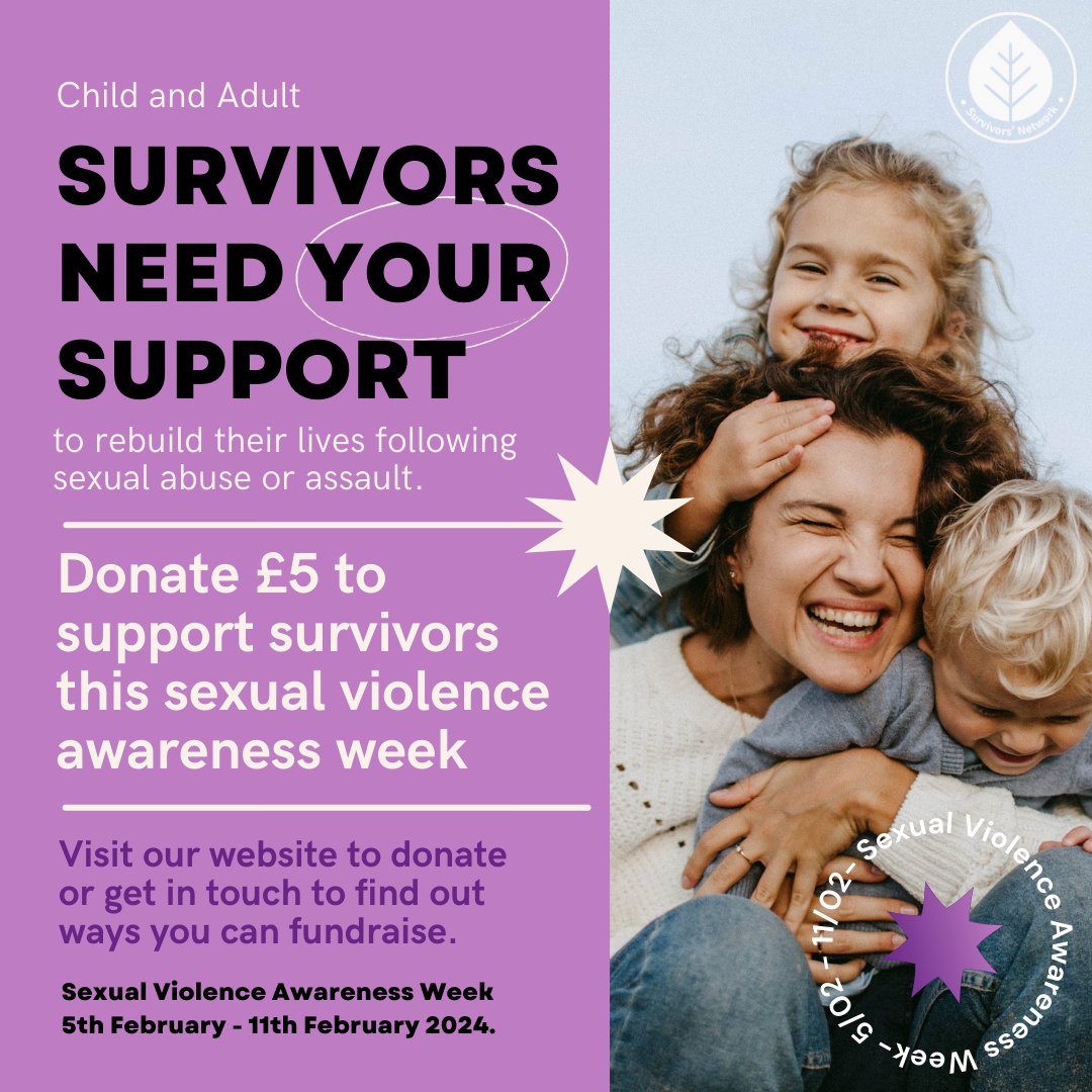 No one should be alone when they've experienced sexual violence. 💜 Can you donate £5 this SVAW to support child and adult survivors in Sussex? 💜 SVAW - 5th - 11th of Feb 2024 💜