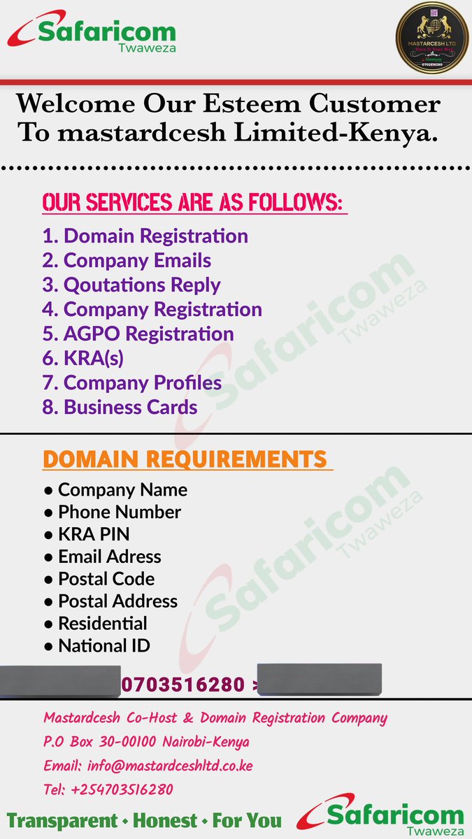MASTARDCESH LDT is officially registered with Registrar of Companies-Kenya and is authorized to provide a comprehensive range of cyber services e.t.c. Safaricom Kenya is the sponsor of our company.
#RUTOMUSTGO #section25
#mpesa #GRAMMYs #RESTINPEACE #EPRA #LUTON #ronaldo #ads