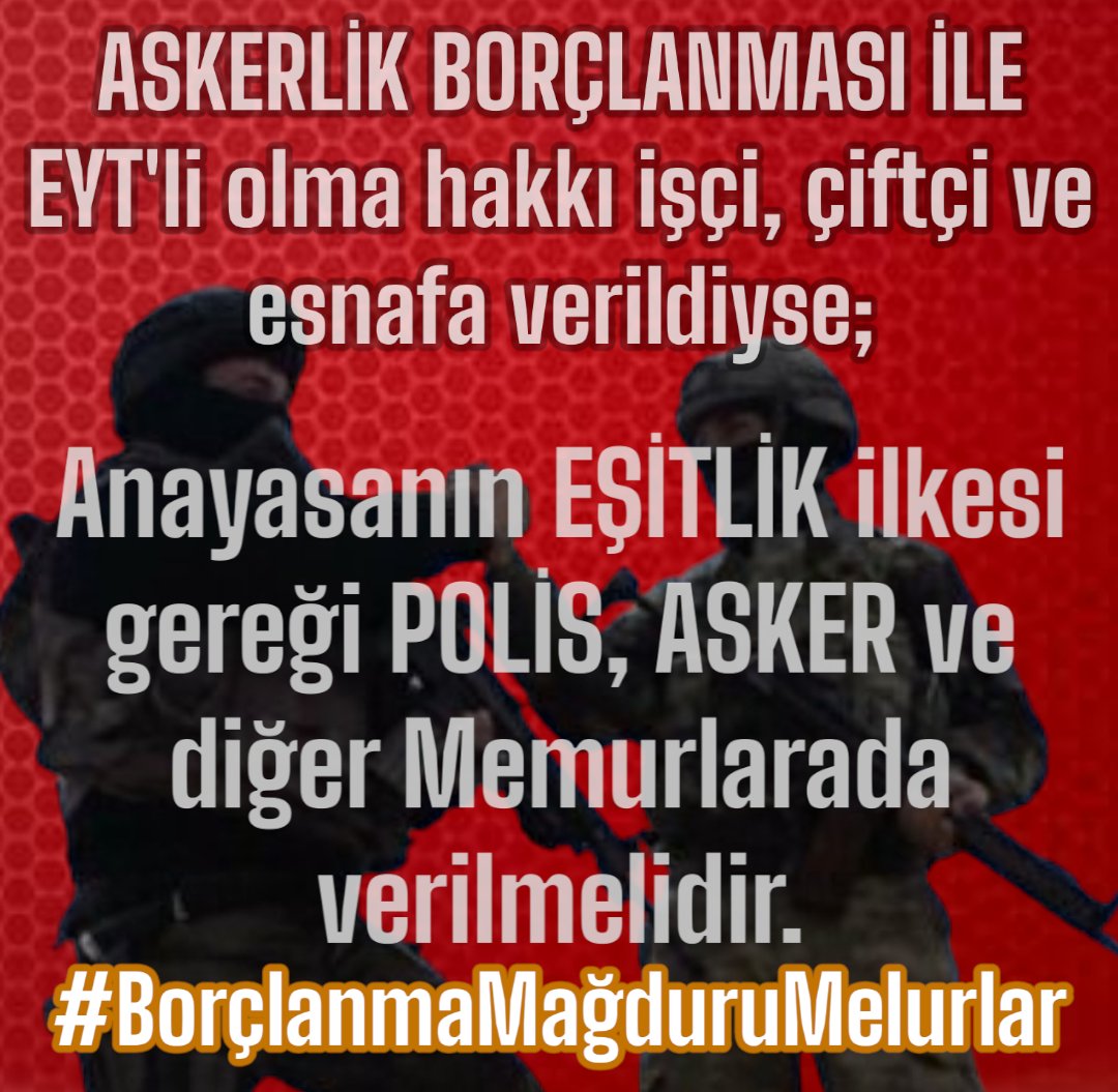 <a href="/ankarakulisi06/">ANKARA KULİSİ</a> Herkes için adalet Mülkün temeli ve herkes TC. sınırları içinde eşit haklara sahipse askerlik borçlanması yapan işci esnaf çiftçi Eyt li olurken POLİS ASKER  memur olamıyor MERHAMET istemiyoruz eşitlik ve adalet sağlansın istiyoruz.
#BorçlanmaMağduruMemurlar