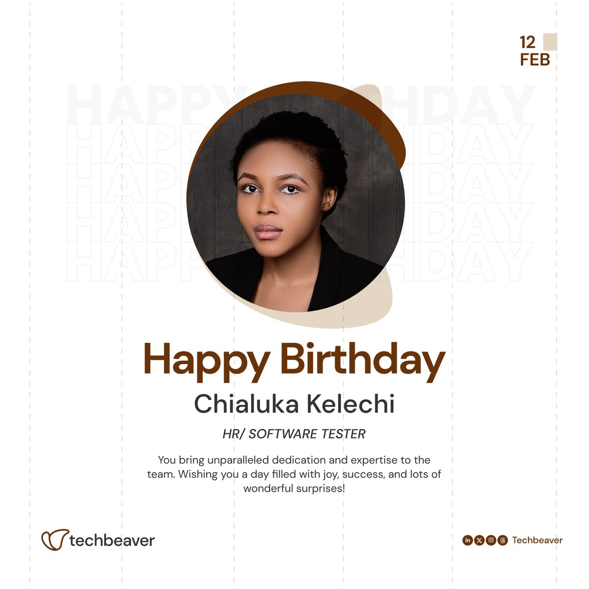 techbeaver_io's tweet photo. Join us in celebrating a fantastic team member at TechBeaver - Happy Birthday, Kelechi Chialuka! As our HR and Software Tester, you bring unparalleled dedication and expertise to the team.
#HappyBirthdayChialuka #TechBeaverTeam #HR #Softwaretester #Techbeaver https://t.co/2tPK7VUbXh