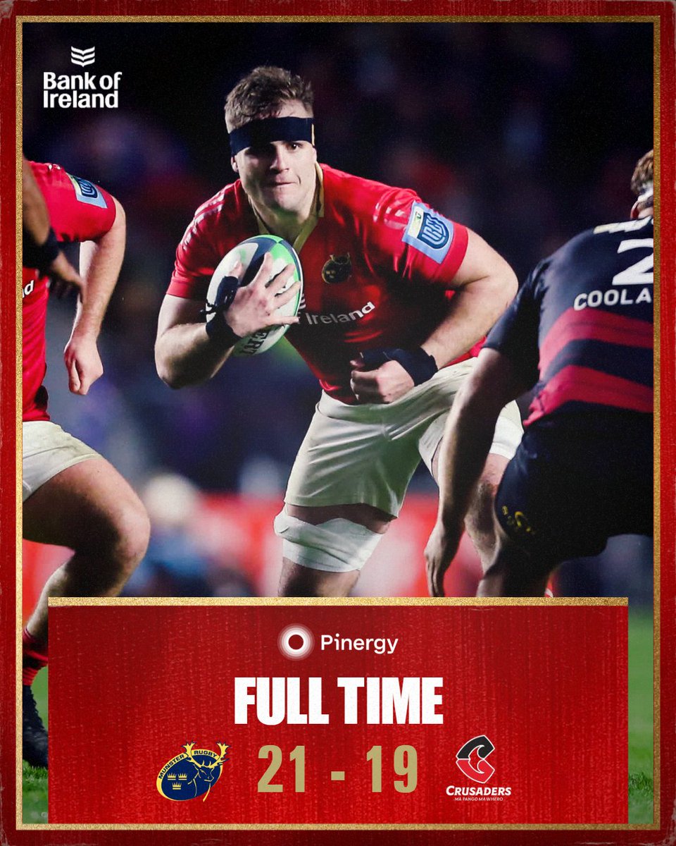 Crusaders get a try at the death but the conversion is wide and we get the win! 

A great effort from the lads and thank you to all of the supporters who came out to cheer us on.  

Thank you @crusadersrugby for a great game! 

#MUNvCRU #MunsterInThePáirc #SUAF 🔴