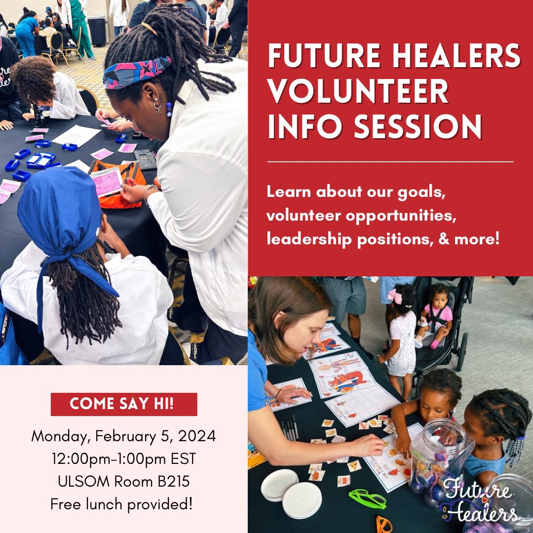 Mark your calendars for Monday, February 5th! ⏰ Future Healers will be holding an info session from 12-1PM in room B215 (lunch provided). Come learn what we are all about, including information about upcoming events, committee positions, and 2024-25 leadership opportunities.