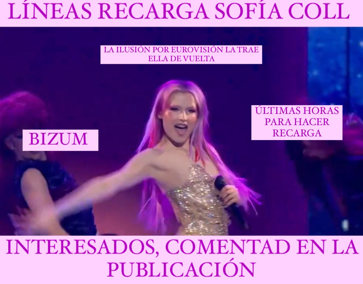 ‼️ULTIMAS HORAS PARA HACER RECARGAS POR SOFÍA COLL‼️ 
Se harán por bizum, puedes dar lo que quieras, no hay ningún tipo de mínimo, cada granito es importante 
#SofiaCollEurovisión #BenidormFest2024 #BenidormFestFinal #BenidormFestSem2 #OTDirecto3F