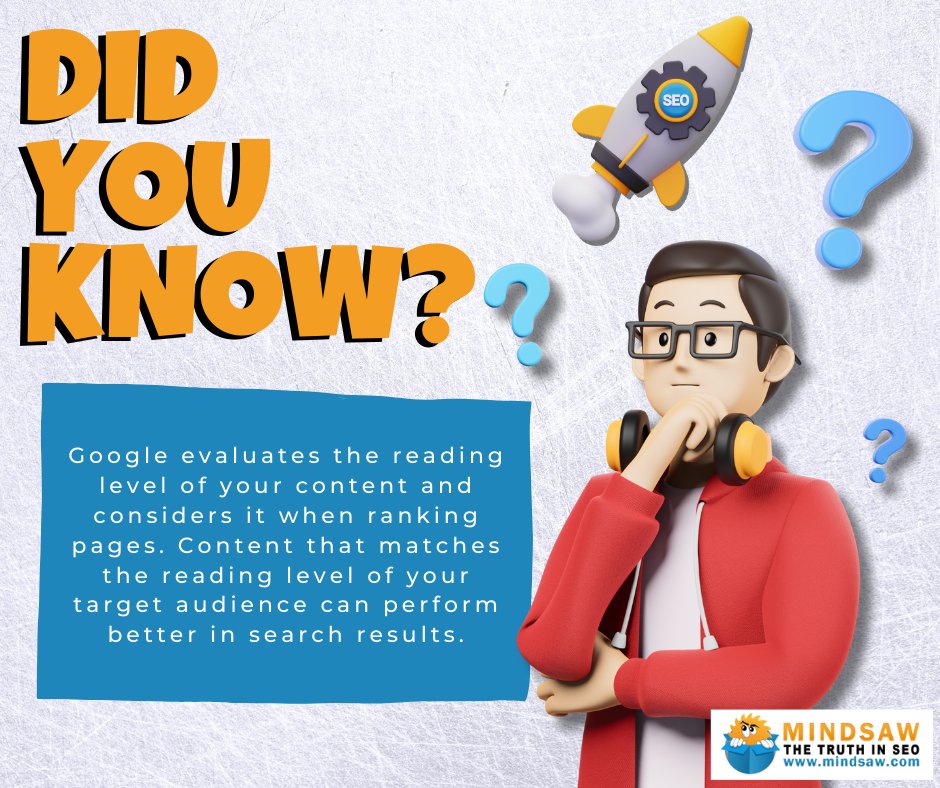 Mindsaw360's tweet image. Did you know? Google evaluates the reading level of your content and considers it when ranking pages. Content that matches the reading level of your target audience can perform better in search results. 
#ReadingLevel #ContentQuality #SEOContent #UserEngagement #ContentStrategy