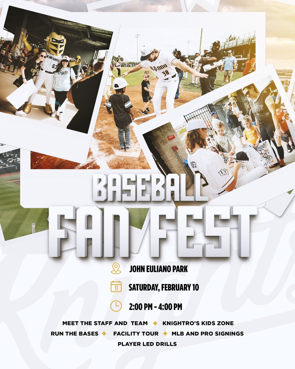 The 2024 @UCF_Baseball Fan Fest is just one week away! ⚔️ ⚾ ⚔️ 📅 Saturday, February 10th 🕑 2-4 pm (EST) 📍 John Euliano Park 🅿️ Baseball Outfield and Garage F 🎟️ FREE Admission ℹ️ bit.ly/3SchoBD #GoKnights ⚔️ #ChargeOn ⚔️ #Big12