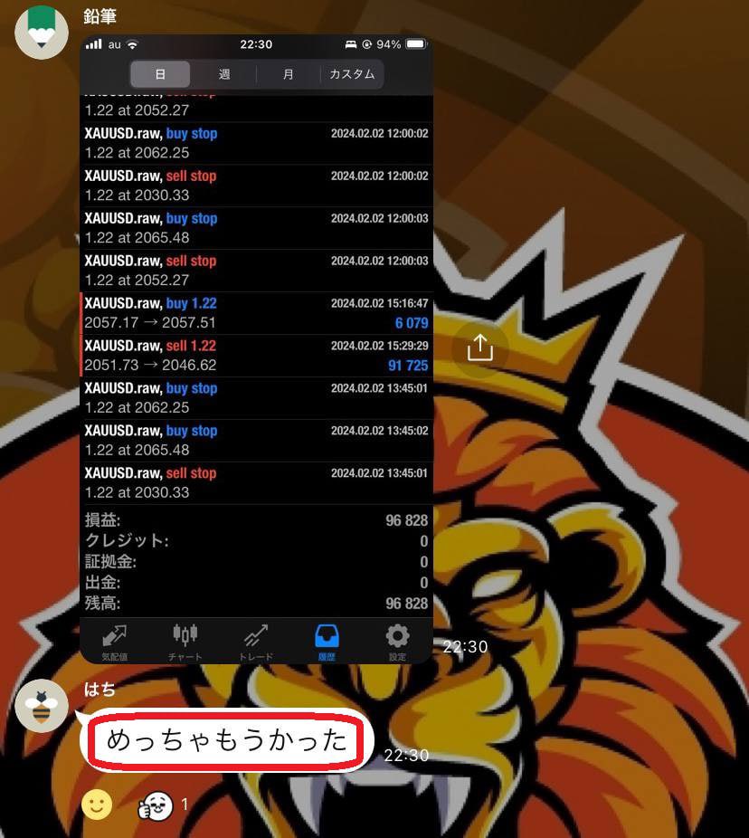【🙆‍♀️ご利用者様の声🙆‍♀️】

めっちゃ儲かったとのこと‼️

たった一日で9万越えの利益はエグい😂

これだけ稼げれば一週間は働かなくて良さそうです笑

“不労所得”はやっぱり最高ですね😆

EAが気になる方は公式オプチャまで↓
line.me/ti/g2/pDZnh4sx…

#ゴールドEA
#XAUUSD
#FX自動売買