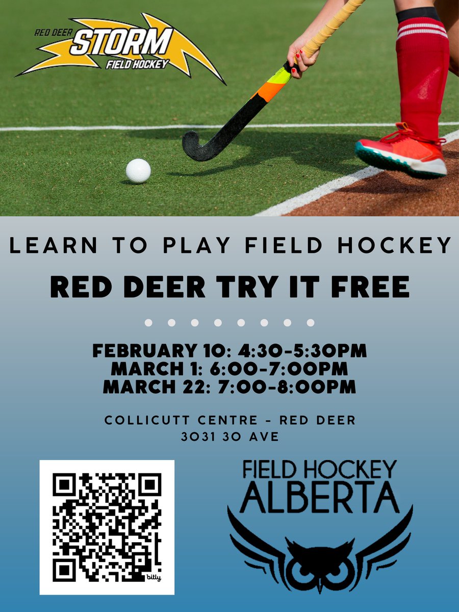 FHalberta's tweet image. 🏑 Red Deer, join us for FREE Field Hockey sessions at Collicutt Centre on Feb 10, Mar 1, &amp;amp; Mar 22! Open to all ages. Bring runners, athletic gear, and a friend! Register now! 🎉 #FieldHockey #RedDeerSports #TryItFree 🏑