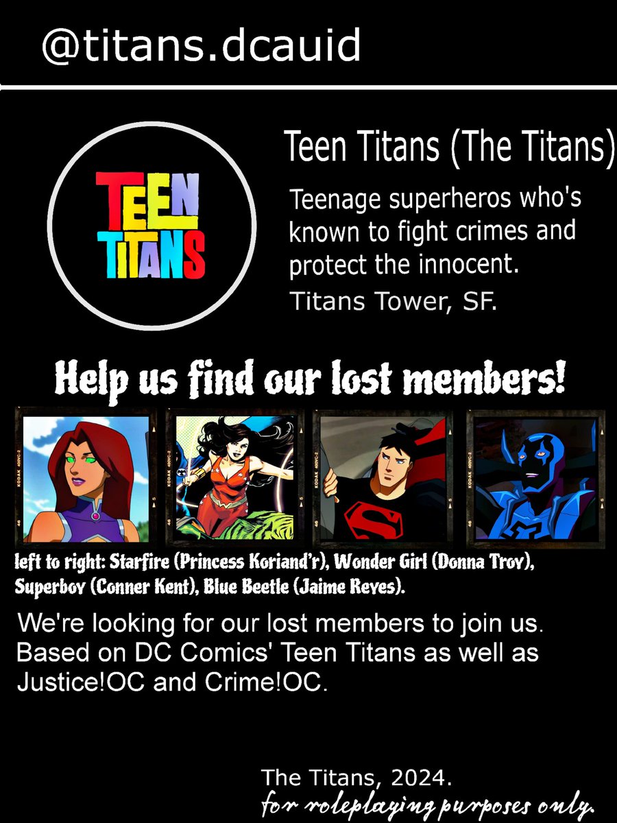 Good day, fellas! We are looking for our lost members to join 𝐓𝐞𝐞𝐧 𝐓𝐢𝐭𝐚𝐧𝐬 family here. If you are interested enough to join us, please hit me up through DMs.

A retweet would be very much helpful! 

More info: titansdcauid.carrd.co