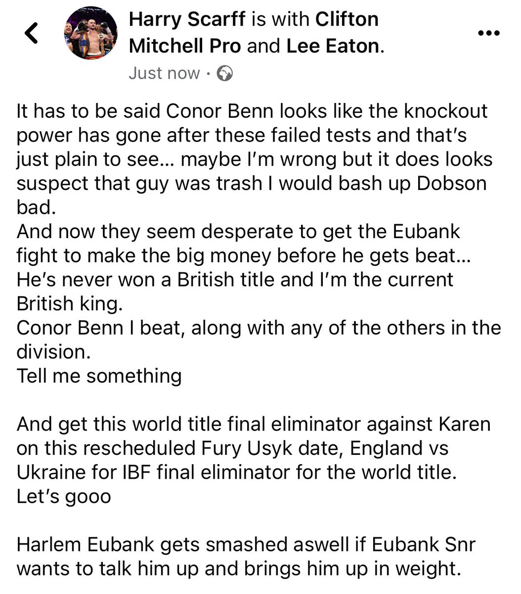 HarryScarff's tweet photo. Come on let’s get somethin happenin @Leeeaton88 @mrcliftonm @SecondsOutLive @IntBoxingNews @boxingkingmedia @IFLTV @boxing_social @MichaelBensonn @GarethADaviesDT @mrsamjones88 @FrankWarren @Queensberry @SauerlandBros @EddieHearn @DAZNBoxing @talkSPORT #boxing #BennDobson https://t.co/VwxmR0utzF
