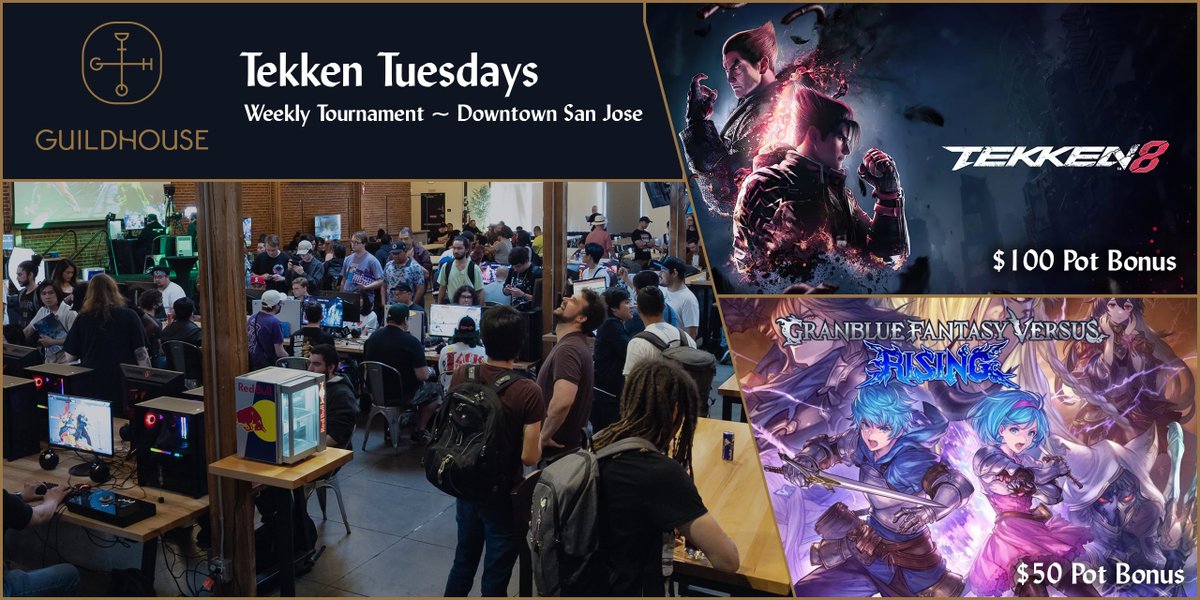 Join us for our first #Tekken8 and #GBVSR weekly tournament at Guildhouse w/ a pot bonus! 🎮Tekken 8 & GBVSR tournament/casuals ⏰2/6, 7:45PM bracket start (Tekken8/GBVSR) 📍Guildhouse in San Jose, CA 💰 Pot bonus for both games! Sign up now!🎉 start.gg/guildtuesday