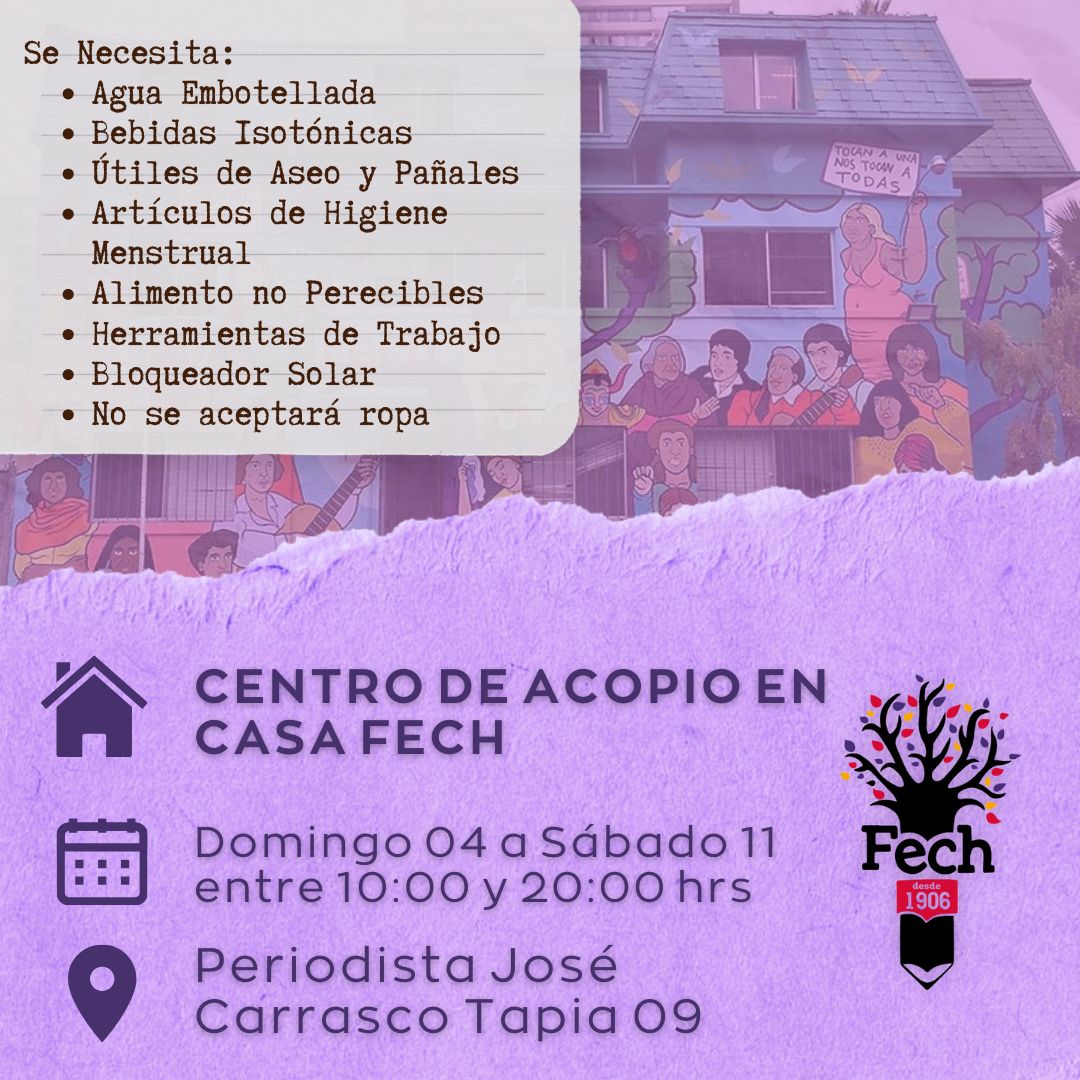 uchile's tweet photo. Las y los estudiantes de la U. de Chile se organizan para ayudar: la Casa FECh será centro de acopio para ayudar a quienes han sido afectados por los incendios en la zona central. Desde mañana a las 10am en calle Periodista José Carrasco Tapia 09, Santiago, se reciben aportes. https://t.co/rxVk4nI0Vy