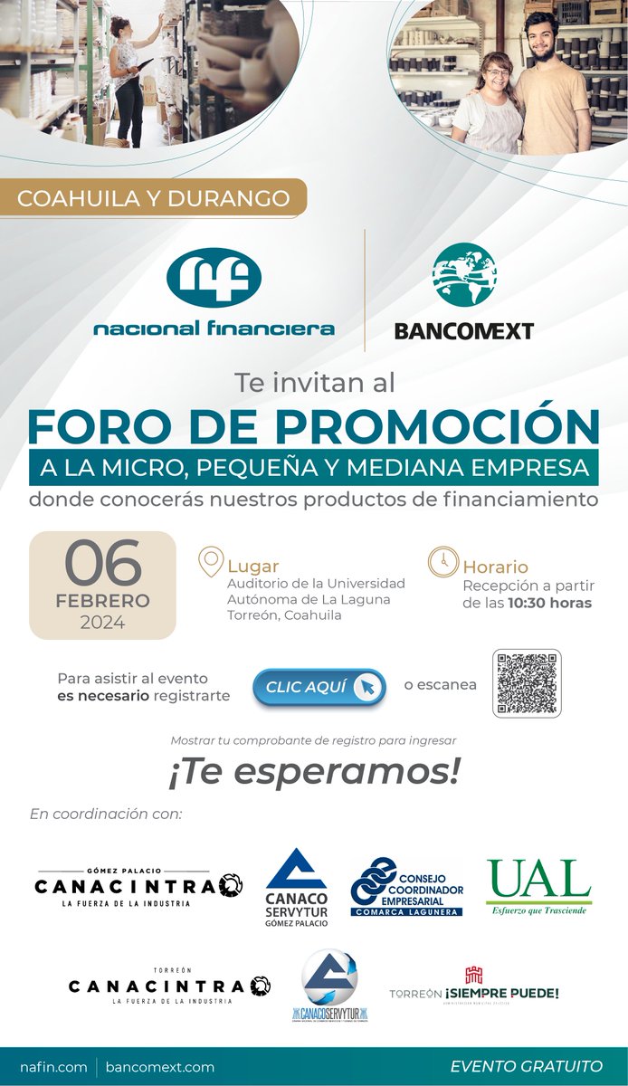 NafinOficial's tweet photo. ¿Conoces nuestros productos de #financiamiento para impulsar tu negocio?
¡Descúbrelos en el Foro de Promoción a la Micro, Pequeña y Mediana empresa #Coahuila #Durango!
📅 6 febrero
⏰ 11:00
📍 Auditorio de la @Universidad_UAL, Torreón, Coahuila.
✍️ https://t.co/FJC2NQvOFQ https://t.co/sz9VkfQwv9