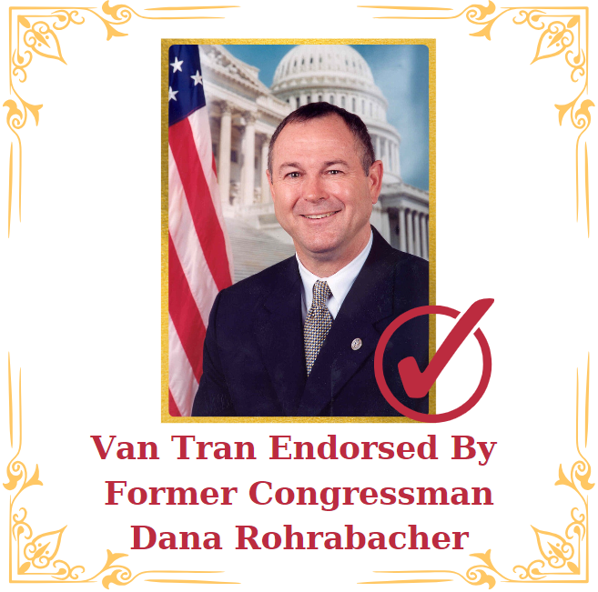 JoinVanTran's tweet photo. I'm proud to receive the endorsement of former Congressman @DanaRohrabacher, in my campaign for OC Supervisor. During his years in Congress, he represented many of the same cities currently in the 1st District, such as Huntington Beach, Seal Beach, Fountain Valley, &amp; Westminster. https://t.co/kPjprRmTEW