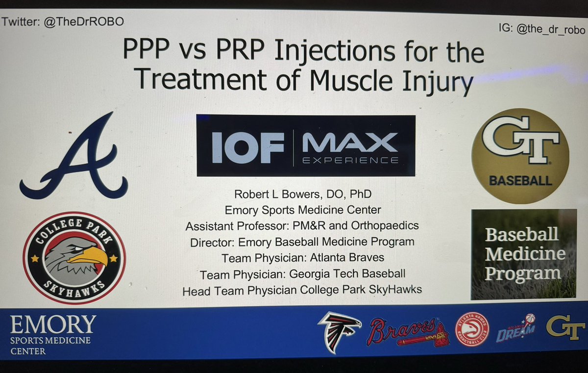 Honored to again be invited to speak at @iofoundation Max. I’ve become very interested in this topic over the last several years. Bottom line is that PPP is likely the superior option for muscle given promotion of regeneration (and faster RTP) versus fibrosis/scarring with PRP.