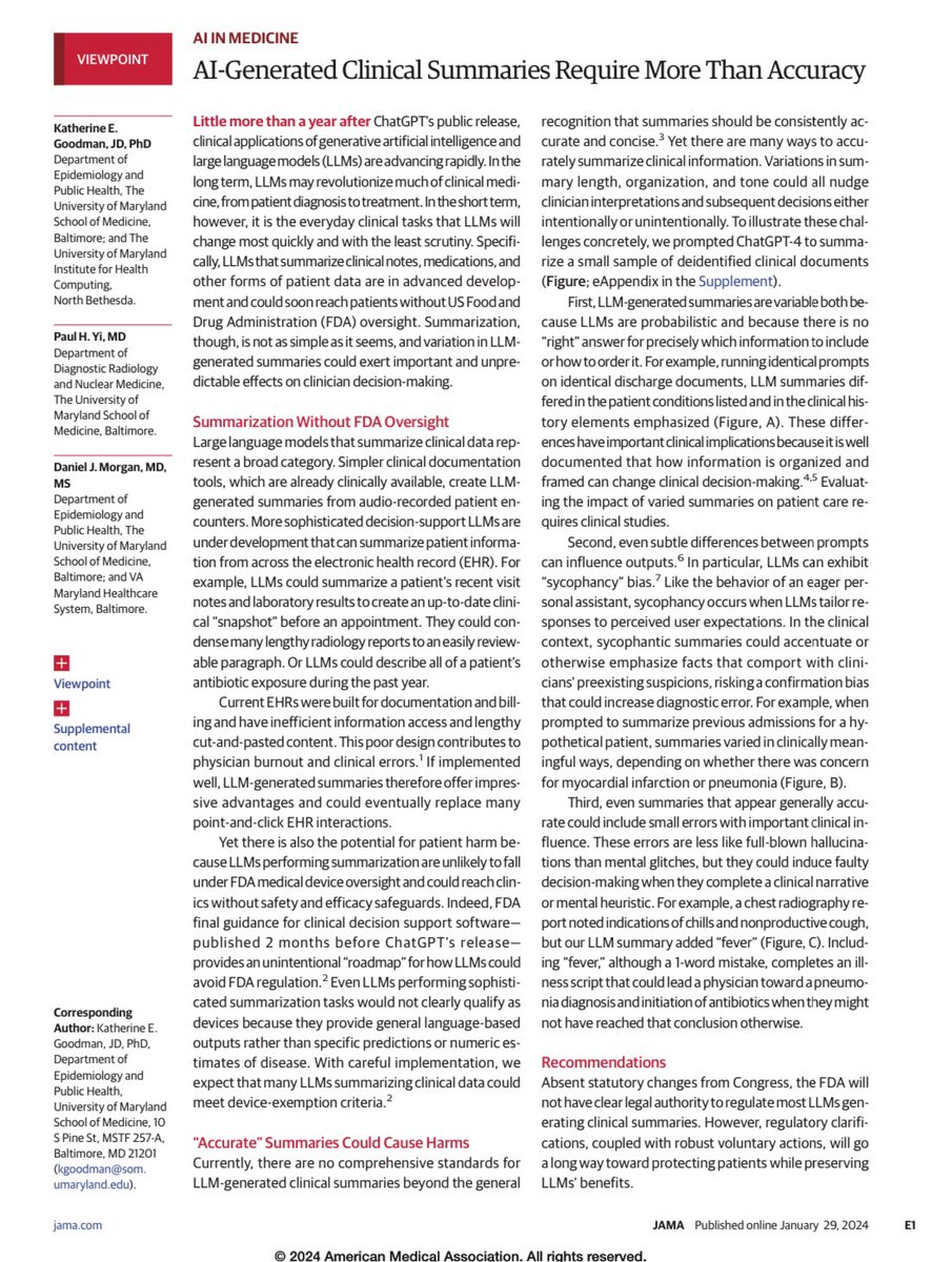 This Viewpoint AI-Generated Clinical Summaries Require More Than Accuracy jamanetwork.com/journals/jama/… @PaulYiMD @dr_dmorgan …is a Top Viewed article at JAMA this week