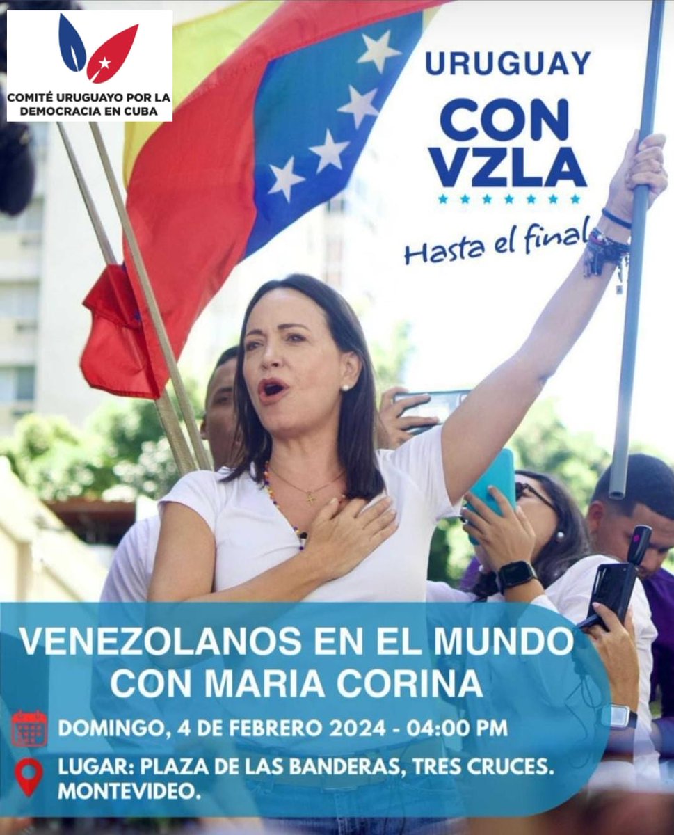 El Comité Uruguayo por la Democracia en Cuba se suma a la convocatoria mundial en apoyo a la libertad de #Venezuela y a @MariaCorinaYA !!

Una vez más, estaremos acompañando y brindando nuestra solidaridad  a los venezolanos residentes en Uruguay.

#SosVenezuela 🇻🇪
