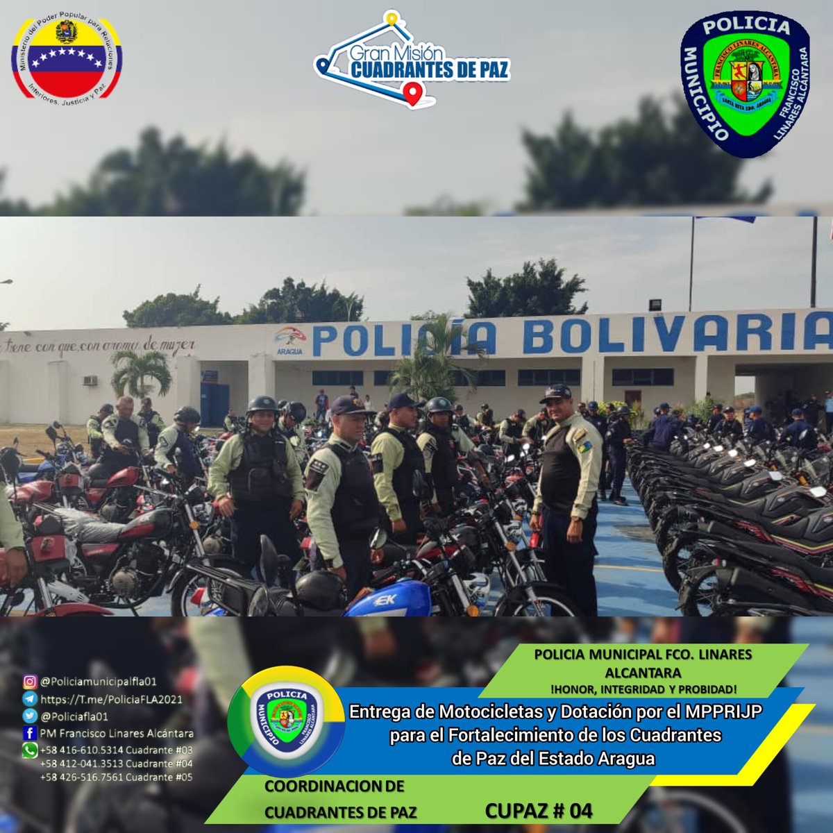 #03Feb Nuestra Gob. @Soykarinacarpio junto al Vpdte. Sectorial A/J @CeballosIchaso1 realizaron el dispositivo especial de seguridad especial con la entrega de motocicletas y dotación, con la finalidad de fortalecer los 145 Cuadrantes de Paz, gracias a nuestro Pdte. @NicolasMaduro