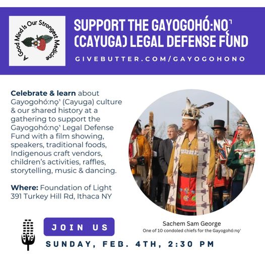 CayugaShare's tweet photo. Nya:węh swagwé:gǫh  
Join to celebrate and learn tomorrow Feb 4th. Coinciding is the launch of an online fundraiser for the Gayogohó:nǫ˺ Legal Defense Fund, a new initiative fiscally sponsored by Tiny Seed Project.  

Donate through the website by clicking the link in our bio. https://t.co/NdHtUducEk