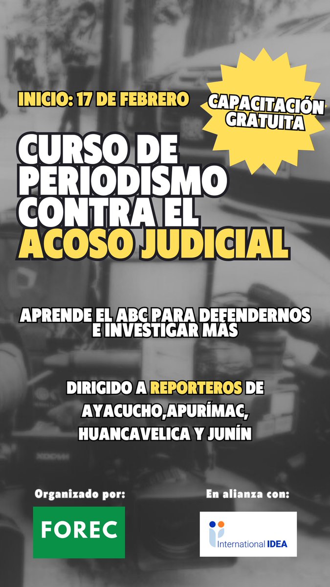 Hace unos meses estoy metido en este proyecto para fortalecer el trabajo de periodistas regionales. Queremos reducir los riesgos de que sean querellados.

Ahora abrimos un taller para reporteros de Ayacucho, Huancavelica, Apurimac y Junin. Más datos aquí: forms.gle/HEgXe5mRr7e7e6…