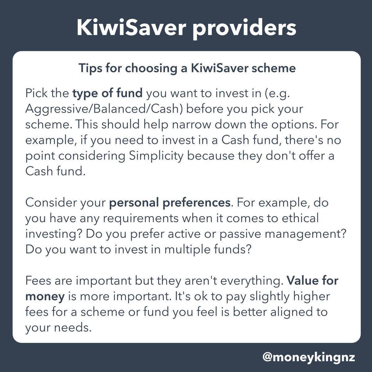 moneykingnz's tweet photo. With over 30 KiwiSaver schemes, choosing one to invest in isn't an easy choice. And there is no "best" scheme because what's right for one person, might not be the right choice for you

Scroll through the images in our post for a list of schemes and some tips on how to choose one https://t.co/UydASerf23
