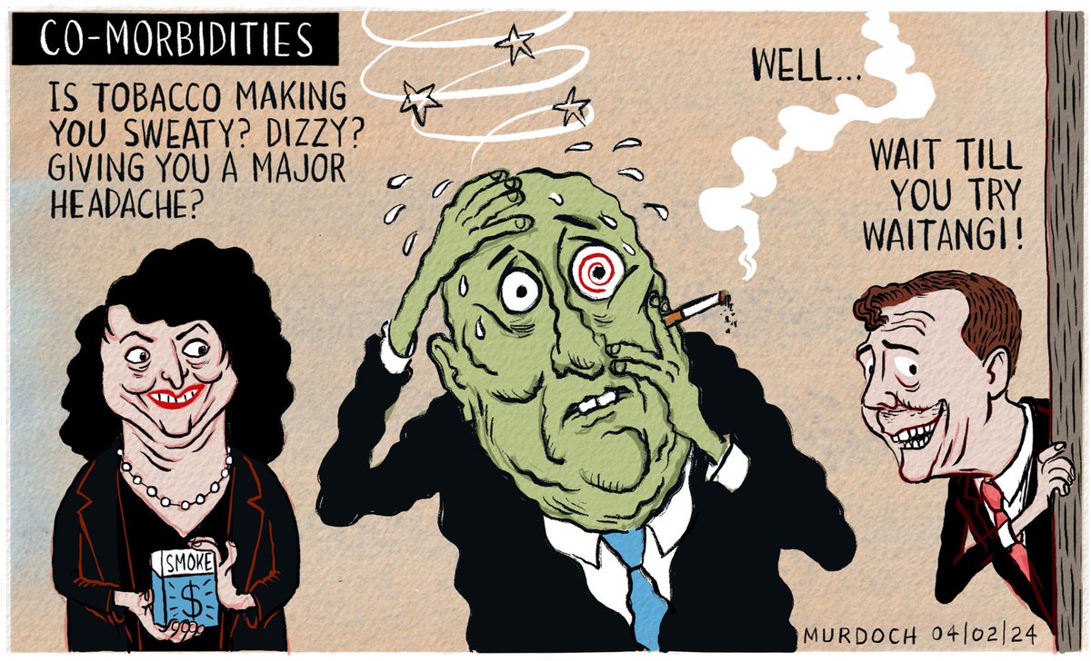 domesticanimal's tweet photo. PM Christopher Luxon and his two Co-morbidities.
My #cartoon today. #NZpol #Waitangi #Tobacco https://t.co/HZa7LyQLzV