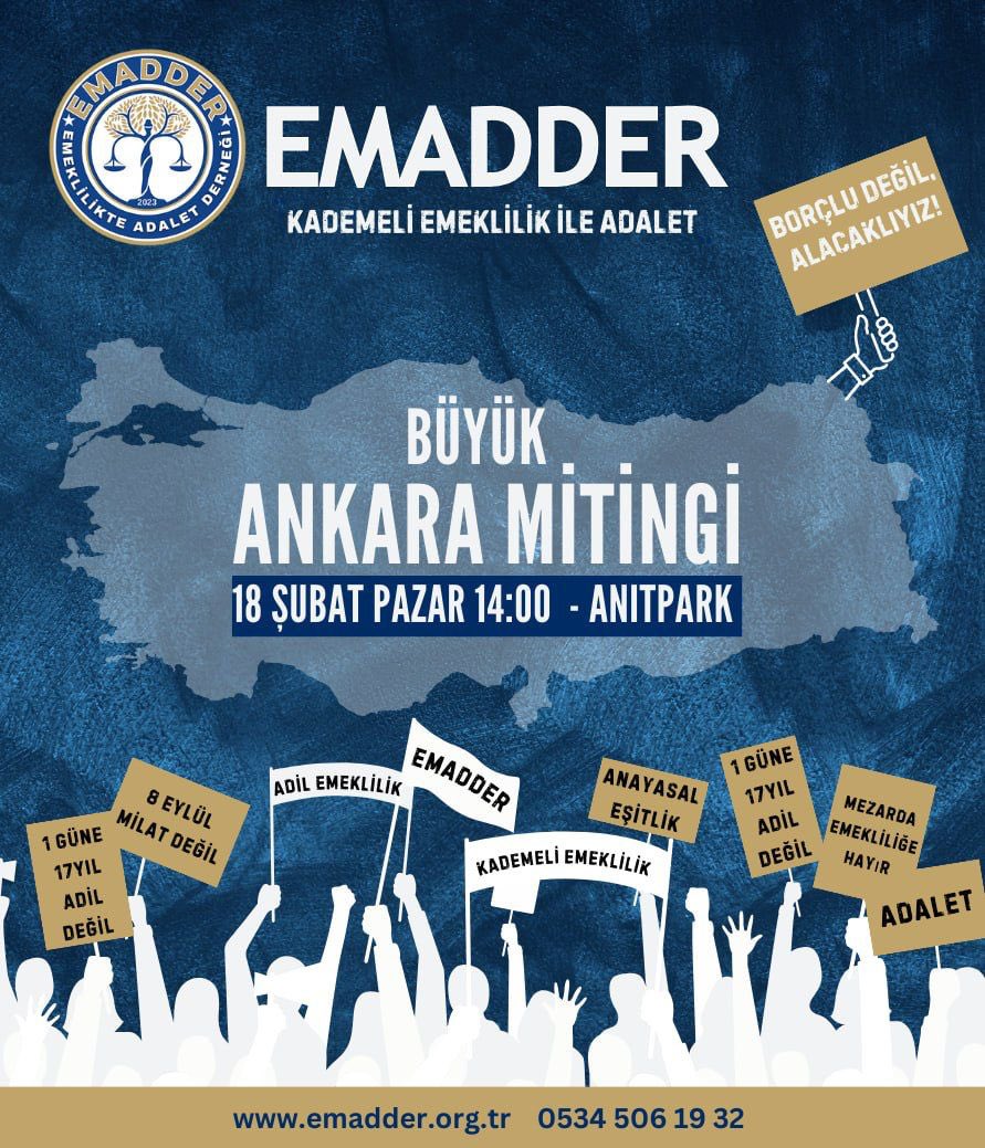 EYT sonrası akranımız ve benzer prim gününe sahip olduklarımızdan 17-20 yıl geç emeklilikle karşıyayız…

Bu adaletsizliğin giderilmesi için bu kez Ankara’da sesimizi yükseltmek için bir araya geleceğiz…

18 Şubat Pazar - Ankara Anıtpark

<a href="/RTErdogan/">Recep Tayyip Erdoğan</a>
<a href="/isikhanvedat/">Prof. Dr. Vedat Işıkhan</a>
<a href="/AhmetAYDIN_02/">Ahmet AYDIN</a>