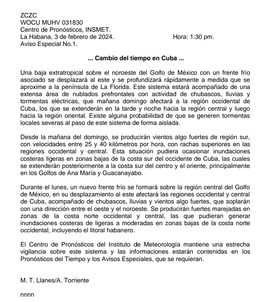 #Cuba ‼️ATENCION‼️Emite el Centro de Pronósticos del Instituto de Meteorología Aviso Especial No 1