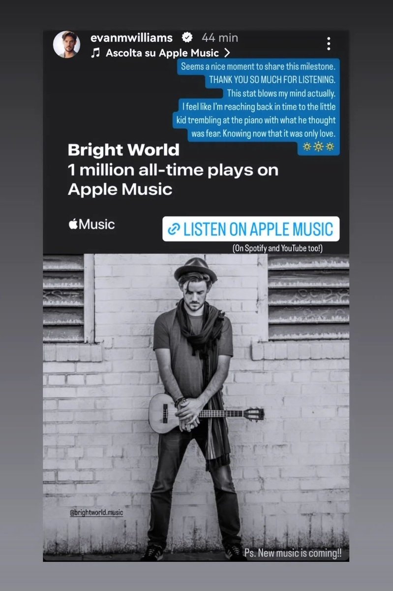 VannaiolaGabry's tweet photo. God bless that little kid who kept going and shared his inner universe with marvelous music.
Can't wait for the new one!
#EvanWilliams #BrightWorldMusic #BrightWorld #AppleMusic #Spotify #YouTube #music https://t.co/9FwYywC26l