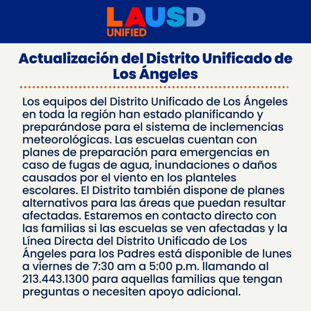 Update from Los Angeles Unified. Actualización del Distrito Unificado de Los Ángeles.