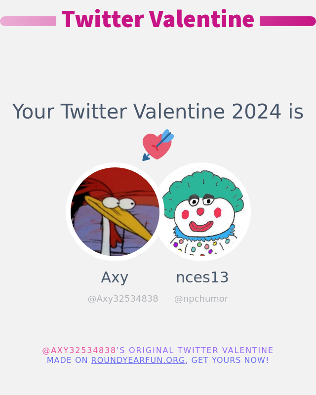 My Twitter Valentine 2024 is going to be: @npchumor

➡️ funxgames.me/twittervalenti… #valentinesday2024 #ValentinesDay