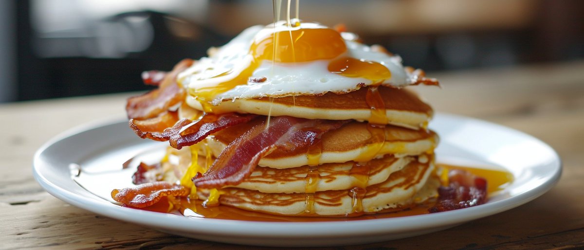 Nebula2AI's tweet photo. Immerse yourself in a culinary journey like never before with our pancake masterpiece! Picture this: a jaw-dropping frame capturing the raw, unbridled beauty of golden pancakes embracing layers of fried eggs, crispy bacon, and melted cheese. Top it off with a syrupy cascade https://t.co/MuvECIP0WK