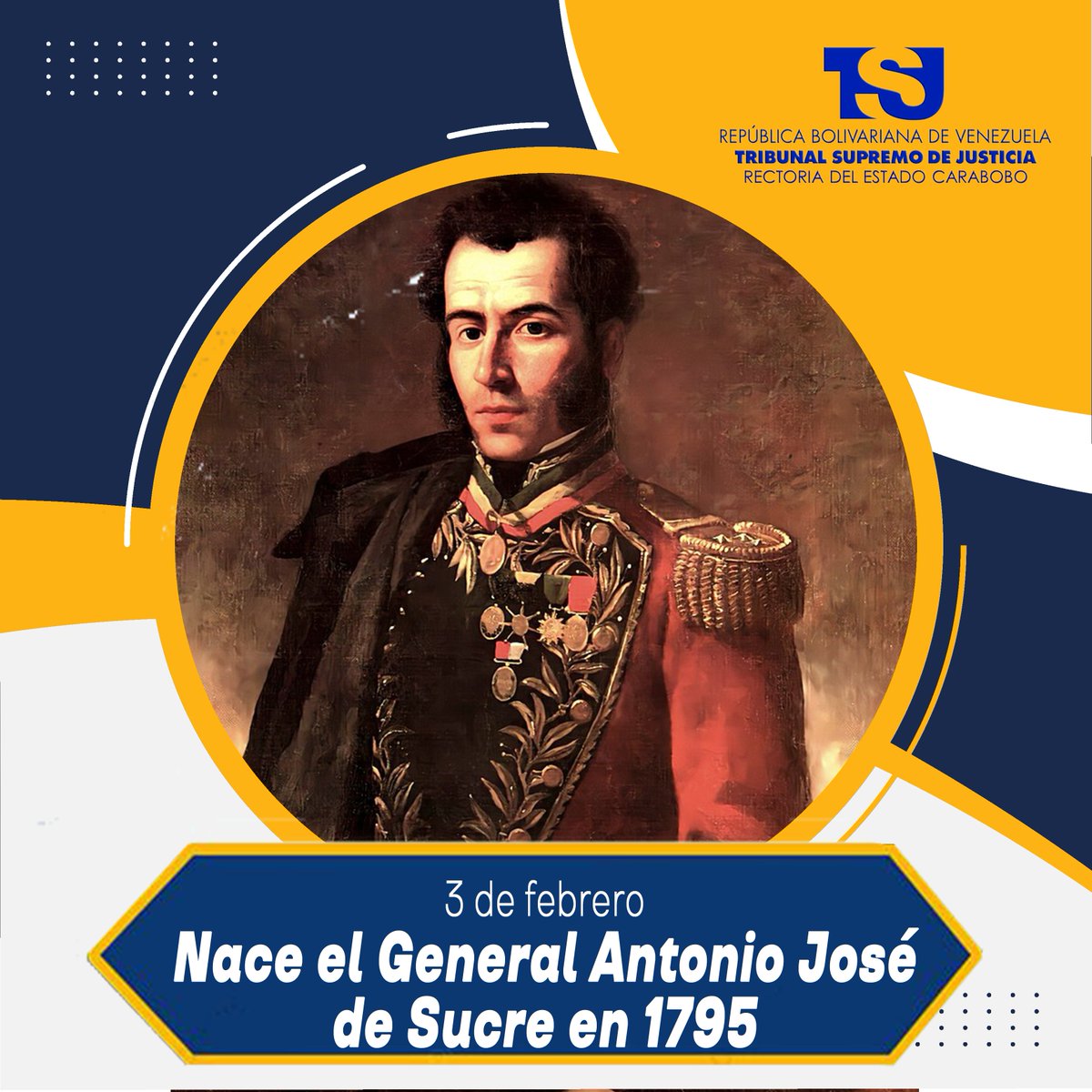 RectoriaTSJCbbo's tweet photo. Antonio José de Sucre nació en Cumaná, estado Sucre, el 3 de febrero de 1795. Se destacó como militar en las numerosas victorias que logró en los campos de batalla, en los que evidenció su talento innato para dirigir tropas. https://t.co/cmzBjS2jpJ