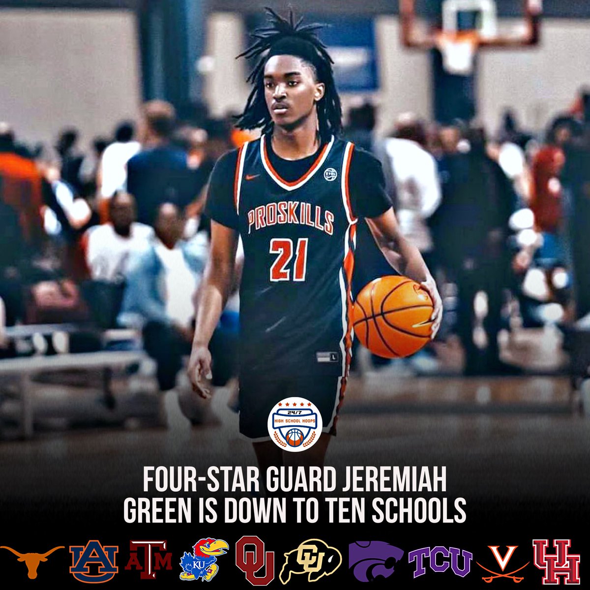 2025 4⭐️ Jeremiah Green announced he’s cut his list to ten. Here are the programs he’s considering: Texas Auburn Texas A&M Kansas Oklahoma Colorado Kansas State TCU Houston Virginia Green is an explosive lead guard who is a good three-level scorer and an intense defender. #47