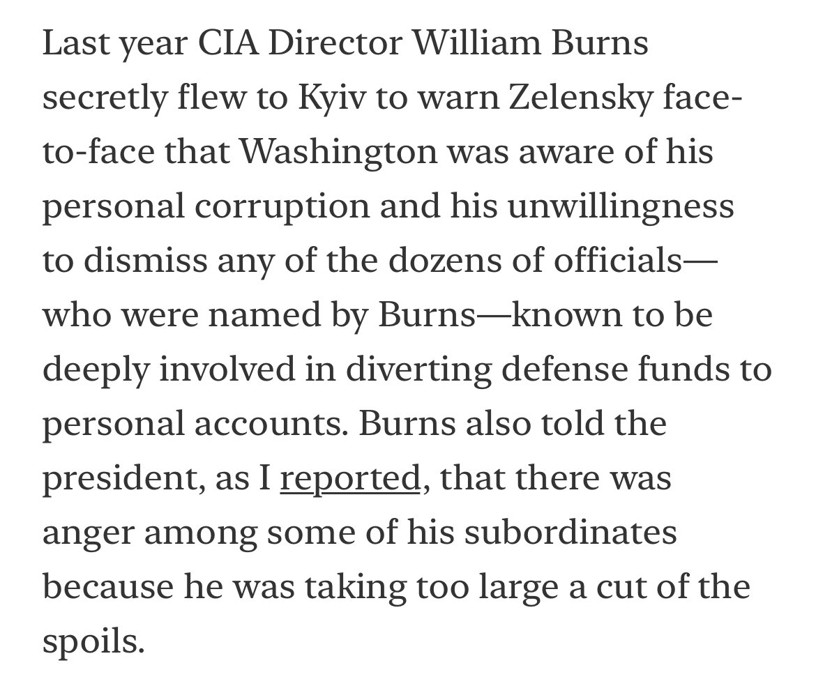 DavidSacks's tweet photo. According to famed reporter Seymour Hersh, CIA Director Burns had to warn Zelensky to stop stealing so much money. Also Zelensky’s subordinates were upset that he was taking too large a cut of the spoils. Something to keep in mind as the political crisis plays out in Kiev. https://t.co/2626OZ7kz4