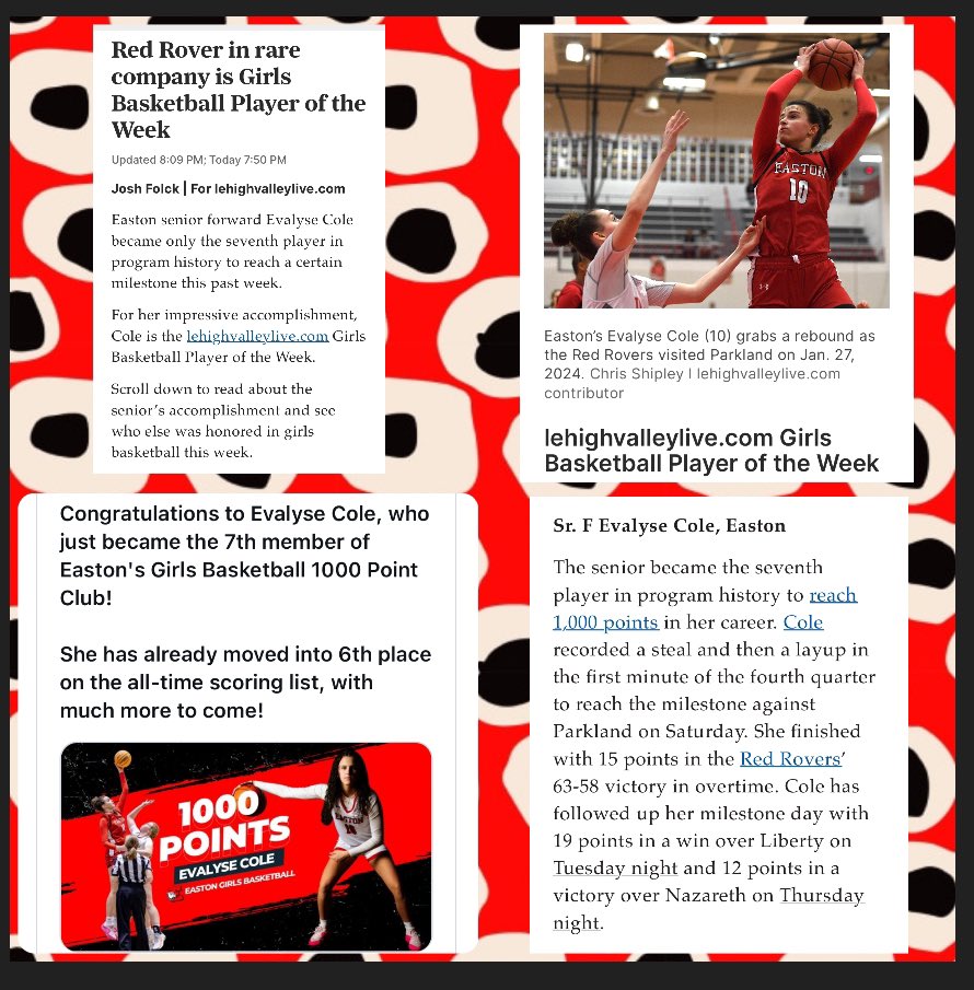 Easton Girls Basketball (@girlseaston) on Twitter photo This week’s recognition…
🌟Congratulations to our #10 <a href="/evalysecole10/">Evalyse Cole</a> for being named Lehigh Valley Live girls bball Star of the Week
🌟Congratulations to our Honorable mentions:
#2 <a href="/megan_elias14/">Megan Elias</a>
#11 <a href="/MalloryElias11/">Mallory Elias</a>
#21 <a href="/KourinCarew/">Kourin Carew</a>
Alone we do little, together we do it all This week’s recognition…
🌟Congratulations to our #10 <a href="/evalysecole10/">Evalyse Cole</a> for being named Lehigh Valley Live girls bball Star of the Week
🌟Congratulations to our Honorable mentions:
#2 <a href="/megan_elias14/">Megan Elias</a>
#11 <a href="/MalloryElias11/">Mallory Elias</a>
#21 <a href="/KourinCarew/">Kourin Carew</a>
Alone we do little, together we do it all