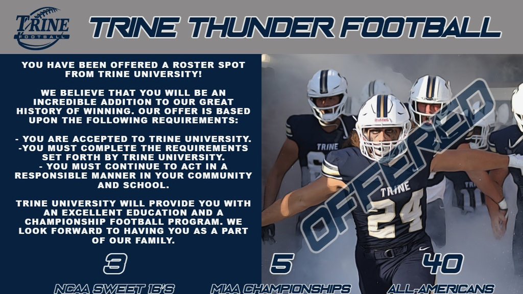 Blessed to receive a roster spot offer from Trine today! Thank you <a href="/CoachRRiley/">Robert Riley</a>