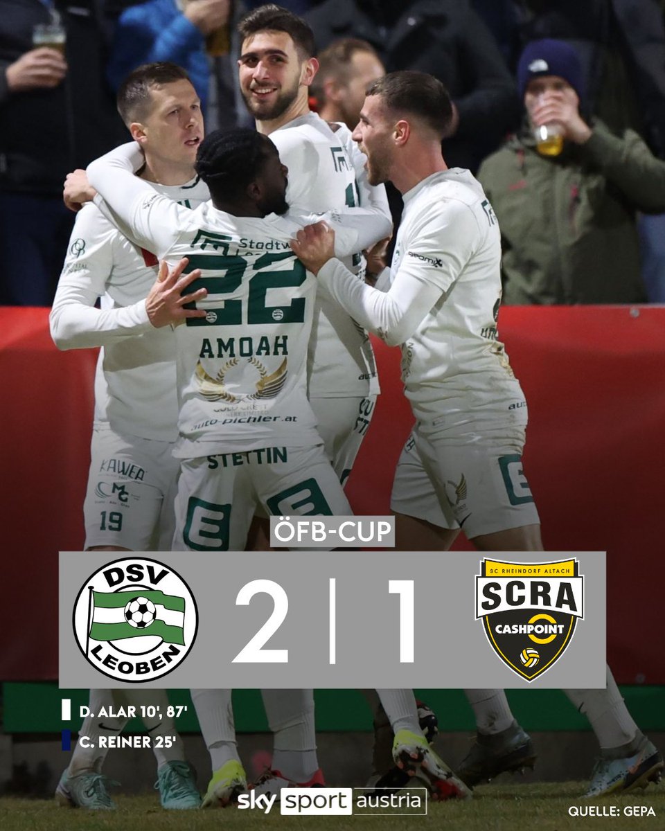 SkySportAustria's tweet image. Die Überraschung im ÖFB-Cup ist perfekt! Der DSV Leoben schlägt den @SCRAltach danke eines Doppelpacks von Deni #Alar mit 2:1 und zieht ins Halbfinale ein! #oefbcup #DSVLeoben #SCRAltach

skysportaustria.at/doppelpack-geg…