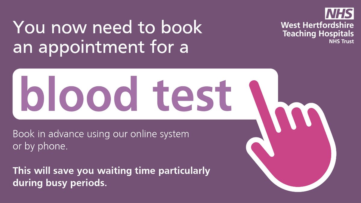 Need a blood test at one of our hospitals? 🏥

You must book a slot in advance ➡️ bit.ly/WestHertsBlood…

It’s easy to book and review your blood test appointments online using the Swiftqueue portal 📱

#Watford #HemelHempstead #StAlbans