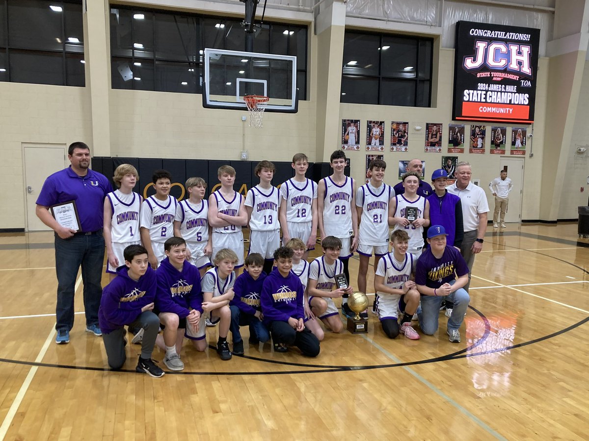 BedCoSchools's tweet photo. #Congratulations to #CommunityMiddleSchool Vikings who beat William J. Baird Middle School today 45 - 42 to become the 2024 James C. Haile State Champions! Also shout out to Carson Boyce, Andrew Tocchio & Jarrett Yancey who made the All Tournament team! #WayToGo #BedfordProud https://t.co/yGRE1BwFdQ