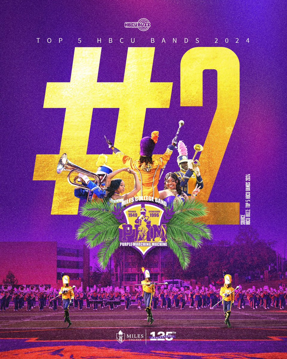 MilesCollege's tweet photo. Congratulations to the Purple Marching Machine for their top 2 finish in the best HBCU band’s competition created by @HBCUBuzz! 💜💛

Read the article at the link below. 
https://t.co/jbqLFAFqB0 https://t.co/HpiuLC6KZp
