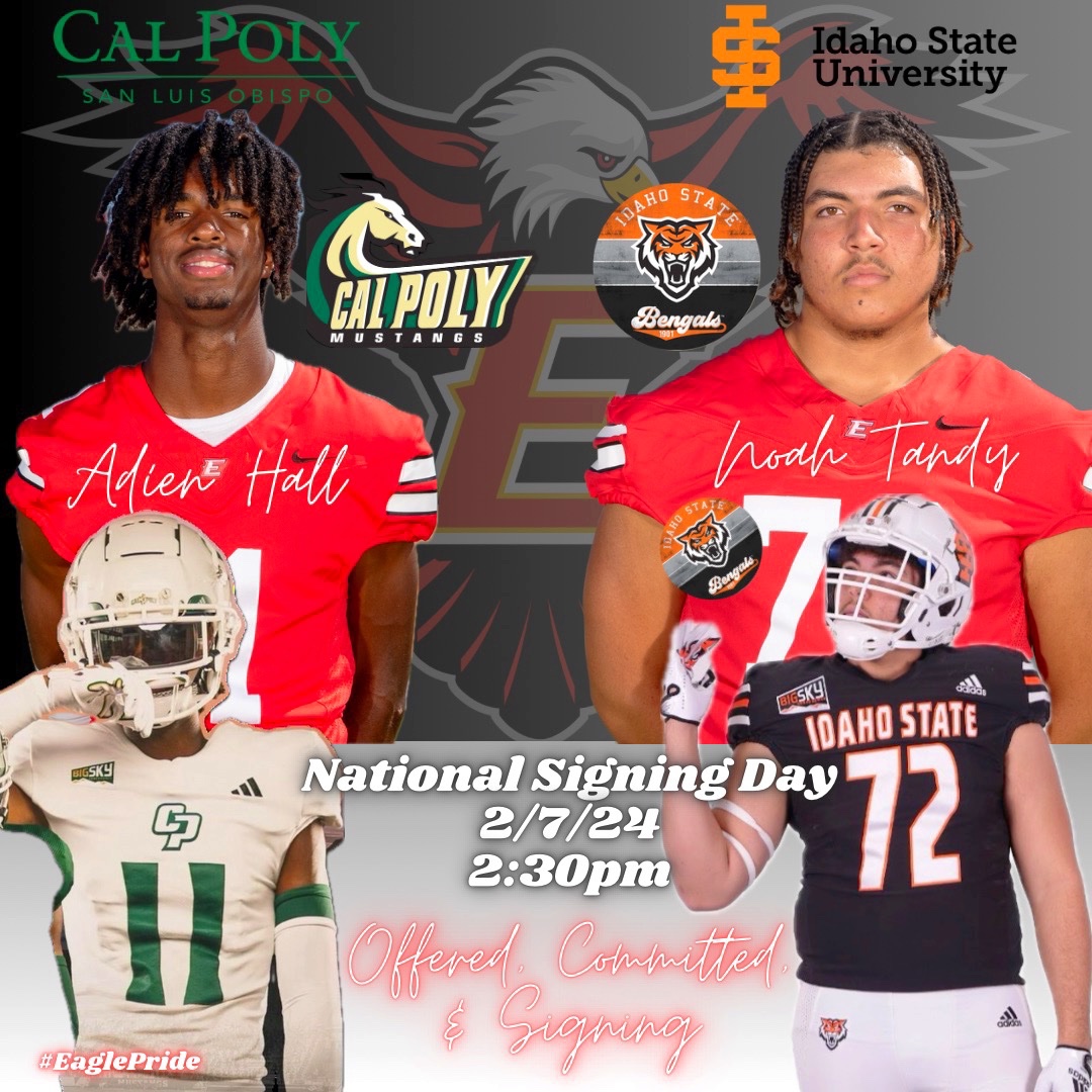 Congratulations to our very own, Mr. Tandy and Mr. Hall, on their recent COMMITMENTS! We are extremely proud and happy for our Eagles and their Families! #EaglePride @EHSAthletics @EHS__Activities @EtiwandaRed @EHSAchieve @NoahJTandy @AHalld8 @calpolyfootball @BengalGridiron